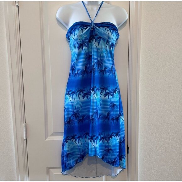 Halter Neck Blue Palm Tree Print Dress By Lipstick Damore - Picture 1 of 9